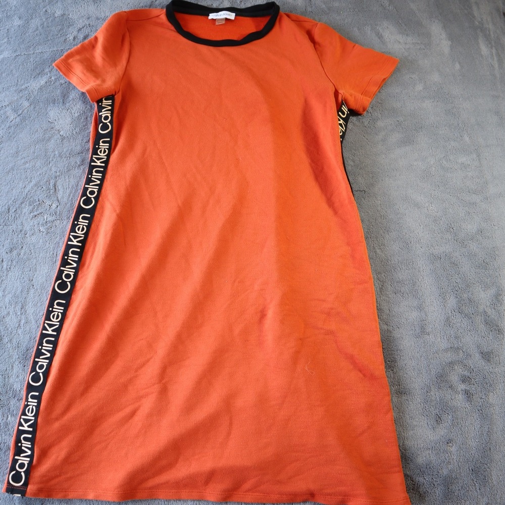 Calvin Klein Women's Mediu, Orange Short Sleeve Mini Dress Bold Side Logo Tape